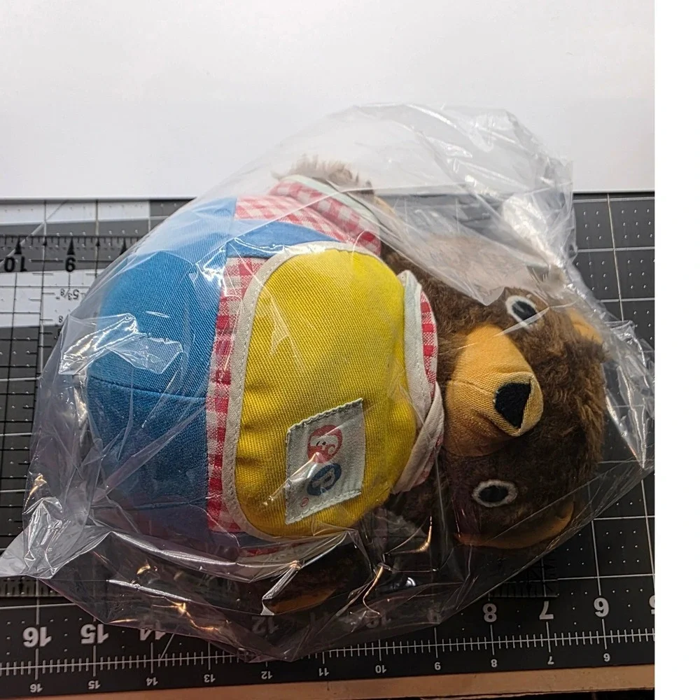 Fisher Price Plush Roly Poly Bear Brown Gingham Yellow Bib 719 7x6in